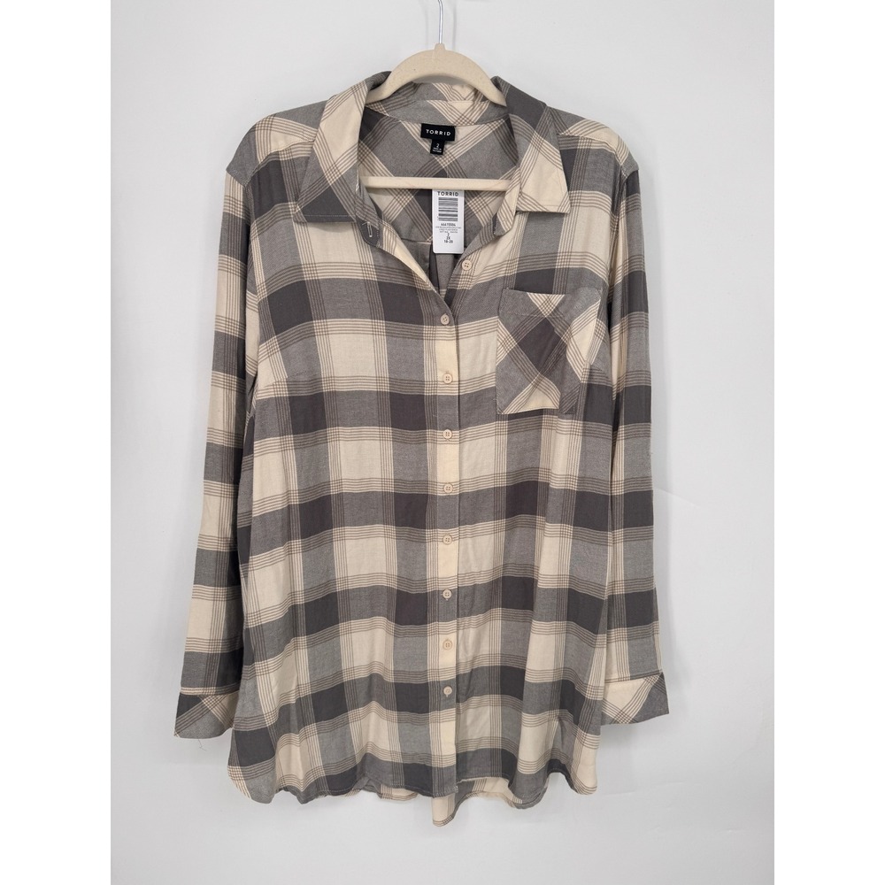 Torrid Tunic Women 2X Birch Grey NWT Lizzie Brushed Plaid Button Down Pocket